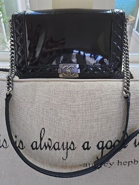 CHANEL Black Patent Leather Quilted Boy Bag with Chain Strap